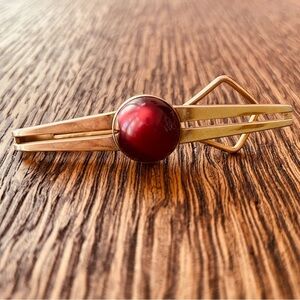 Swank Gold Tone Deep Red Moon Glow Lucite Cabochon Space Age Aesthetic Tie Clip